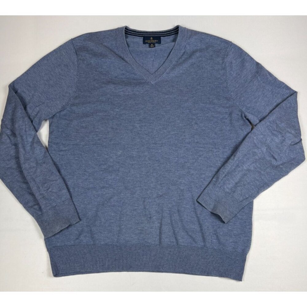 Brooks Brothers Men M Blue Supima Cotton V-Neck Sweater Quiet Luxury